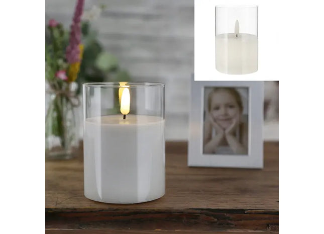 LED Echtwachskerze im Glas, New Flame, Klein, Weiß, 7,5x10cm TK Gruppe® Grosshandel 