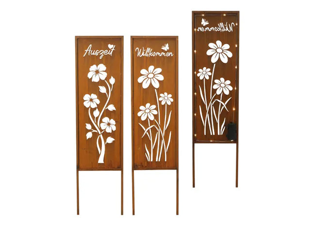 LED Gartenstecker mit Sprüchen, rostig, 2er-Set, TIMER, ca. 85cm Höhe, dekorative Gartenbeleuchtung TK Gruppe® Grosshandel 