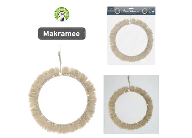 LED Ring Makramee zum Hängen, 20 LEDs, Durchmesser Ca. 25cm – Stilvolles Stimmungslicht TK Gruppe® Grosshandel 