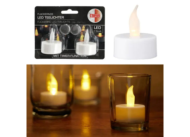 LED Teelicht m. Timer, 2er Set, auf Blister - Praktische flammenlose Kerzenbeleuchtung TK Gruppe® Grosshandel 