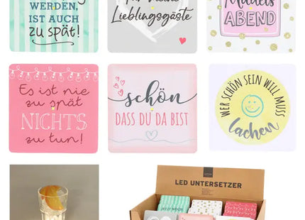LED-Untersetzer mit lustigem Spruch, 12er Pack - Stimmungsaufheller für Partys TK Gruppe® Grosshandel 