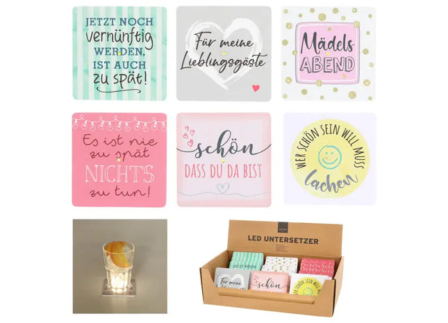 LED-Untersetzer mit lustigem Spruch, 12er Pack - Stimmungsaufheller für Partys TK Gruppe® Grosshandel 