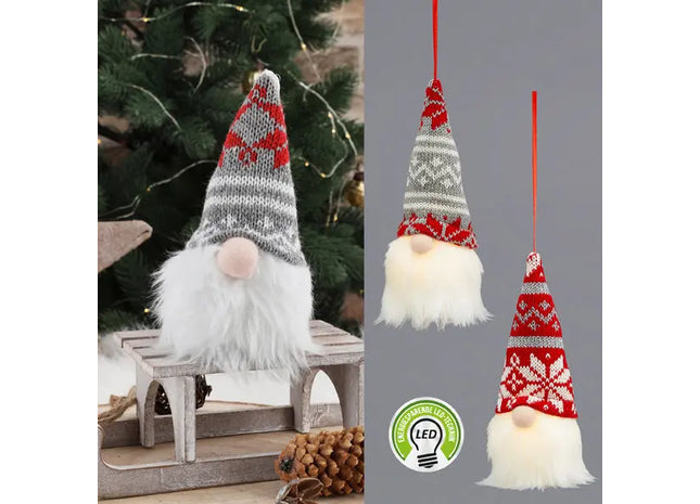 LED-Wichtel, grau-rot, zum Hängen, Set aus 2, ca. 17 cm hoch - Leuchtende Weihnachtsdeko TK Gruppe® Grosshandel 