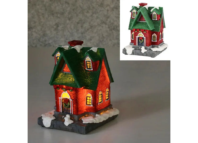 LED-Winterhäuschen mit grünem Dach, Festliche Deko, 9x12 cm TK Gruppe® Grosshandel 