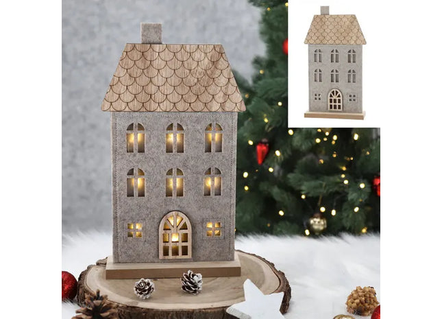 LED-beleuchtetes Filzhaus auf Holzbasis, 30x17cm, Stimmungsvolle Dekoration TK Gruppe® Grosshandel 