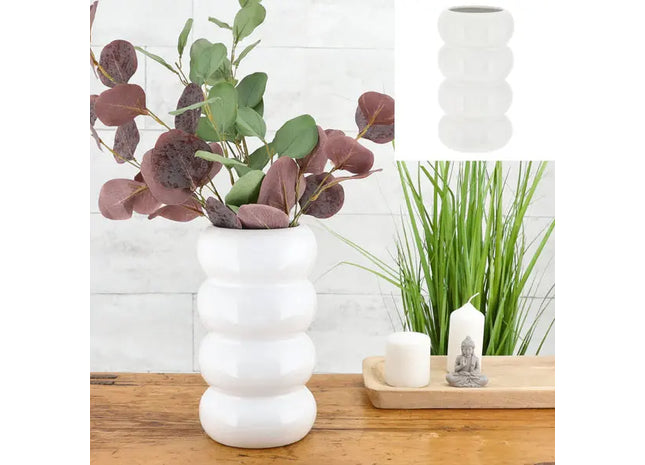 Large White Ceramic Vase with Ring Patterns, 25cm High, Contemporary Decor Piece TK Gruppe® Grosshandel 