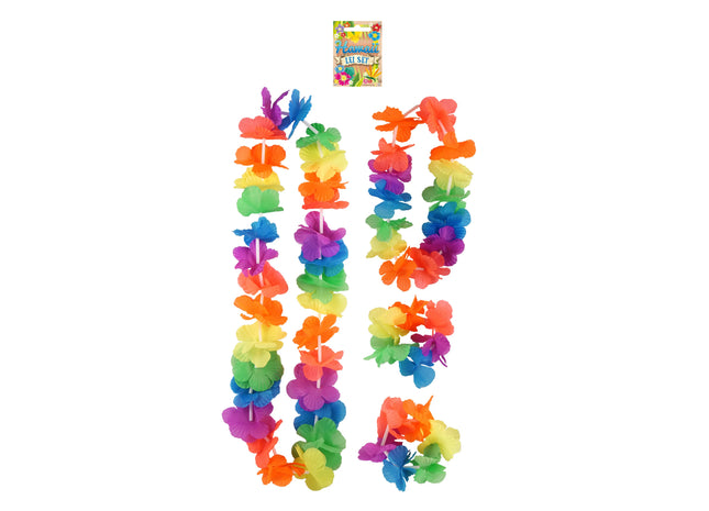 Lei Hula Set, 4 Stück, 6cm Blütenblätter, Neonfarben - Mehrfarbige Hawaiikette TK Gruppe® Grosshandel 