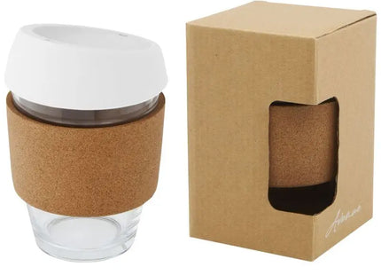 Lidan 360ml Borosilikatglas Becher mit Korkgriff und Silikondeckel in Weiß TK Gruppe® Grosshandel 
