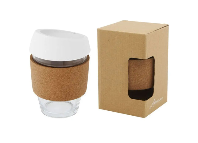 Lidan 360ml Borosilikatglas Becher mit Korkgriff und Silikondeckel in Weiß TK Gruppe® Grosshandel 