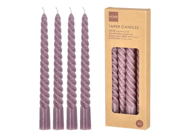 Lila Gedrehte Stabkerzen, Klein, 4er-Set, 20cm Höhe - Dekoratives Element TK Gruppe® Grosshandel 