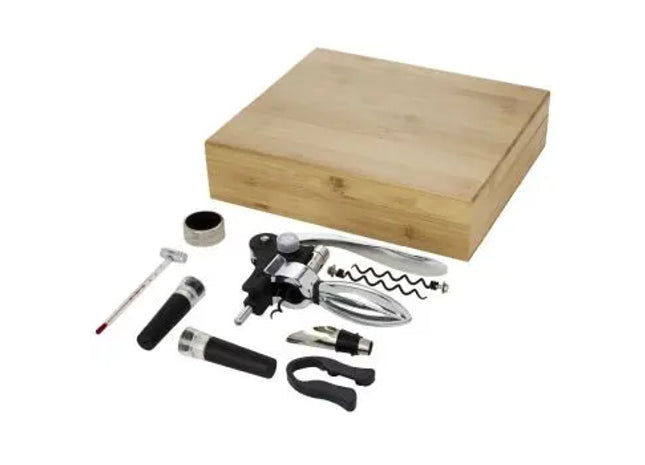Malbick Deluxe Weinset, 9-teilig - Naturholz & Silber, Luxus Weinaccessoires TK Gruppe® Grosshandel 