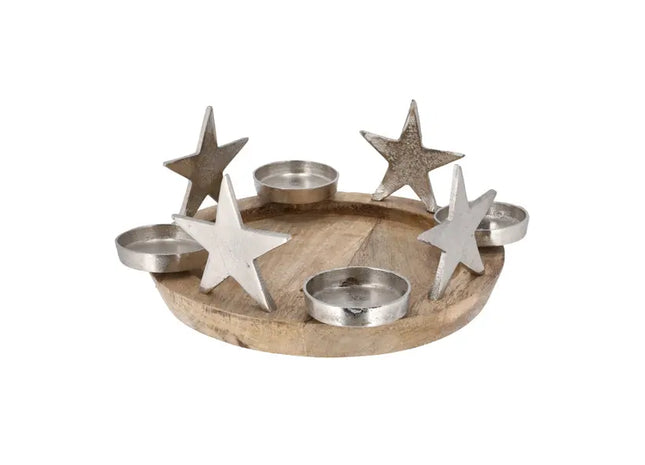 Mango-Holz Adventskranz mit Stern und Stumpenkerze, Ø 34 cm TK Gruppe® Grosshandel 