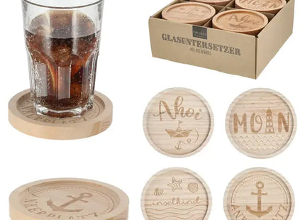 Maritime Glasuntersetzer mit Holzdekor, 4er-Set, 11,5cm – Küstendekor TK Gruppe® Grosshandel 