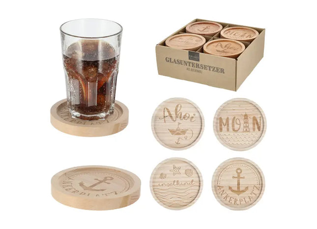 Maritime Glasuntersetzer mit Holzdekor, 4er-Set, 11,5cm – Küstendekor TK Gruppe® Grosshandel 