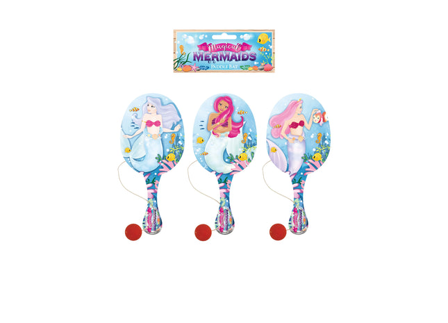 Meerjungfrauen-Paddelschläger und Ball aus Holz, 22 cm, 3 verschiedene Designs – Outdoor-Spielset für Kinder TK Gruppe® Grosshandel 