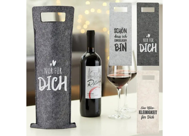 Melierte Filz-Flaschentaschen mit Weinsprüchen, 3er-Set - Originelles Geschenk TK Gruppe® Grosshandel 