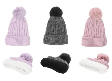 Melierte Mütze mit Zopfmuster und Bommel, 3er Set - Trendige Winteraccessoires TK Gruppe® Grosshandel 