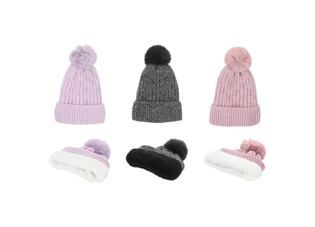 Melierte Mütze mit Zopfmuster und Bommel, 3er Set - Trendige Winteraccessoires TK Gruppe® Grosshandel 