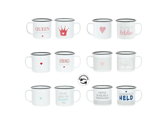 Metallbecher mit Henkel, 6 Verschiedene Sprüche – Inspirierendes Tassenset TK Gruppe® Grosshandel 