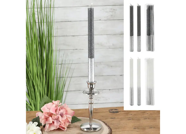 Metallic Silberne Stabkerzen, 2er Set, 19x2cm - Elegante Dekokerzen TK Gruppe® Grosshandel 