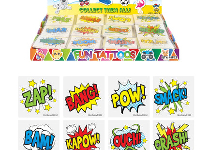 Mini-Comic-Tattoos, 4 cm, 12 verschiedene Designs, farbenfrohe temporäre Kindertattoos TK Gruppe® Grosshandel 