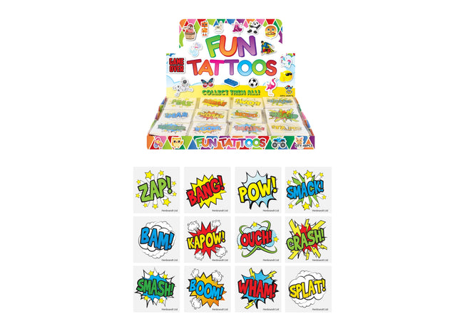 Mini-Comic-Tattoos, 4 cm, 12 verschiedene Designs, farbenfrohe temporäre Kindertattoos TK Gruppe® Grosshandel 