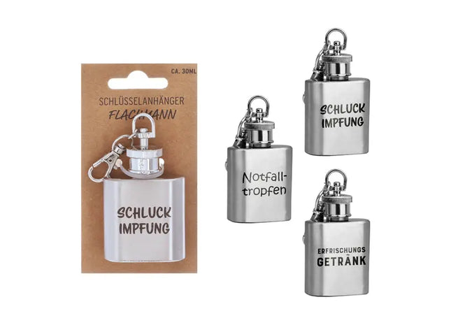 Mini-Flachmann-Schlüsselanhänger mit Sprüchen - 3er Set, je 30ml TK Gruppe® Grosshandel 