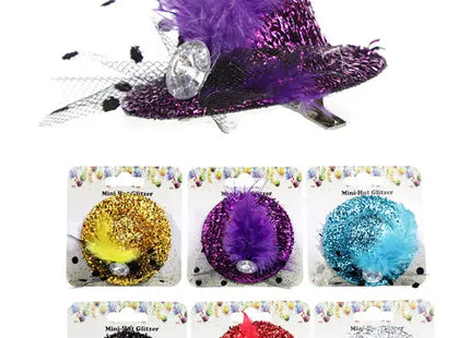 Mini-Hüte mit Glitzer und Feder – Festliches 6er-Set, je 7cm, Partyzubehör TK Gruppe® Grosshandel 