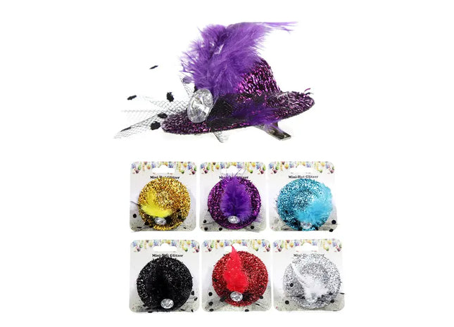 Mini-Hüte mit Glitzer und Feder – Festliches 6er-Set, je 7cm, Partyzubehör TK Gruppe® Grosshandel 