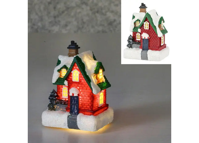 Mini-LED-Winterhaus mit grünem Dach, Weihnachtsdekoration, 6x7 cm TK Gruppe® Grosshandel 