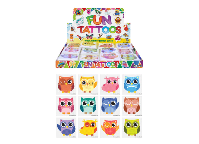 Mini-Tattoos Eulen, 4 cm, 12 verschiedene Motive, temporäre Kindertattoos TK Gruppe® Grosshandel 