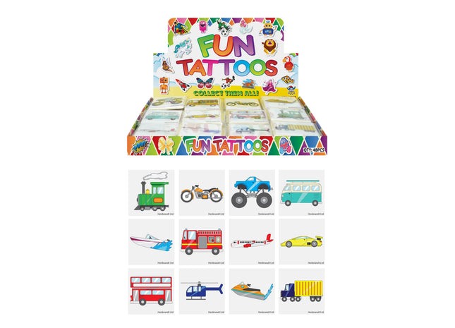 Mini-Tattoos Fahrzeuge, 4cm, Sortiment mit 12 Motiven, Kinder Temporäre Tattoos TK Gruppe® Grosshandel 