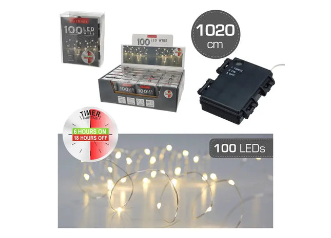 Miniatur LED-Lichterkette für Außen, 100 LEDs mit Timer, Länge 10,2m - Effektvolle Beleuchtung TK Gruppe® Grosshandel 