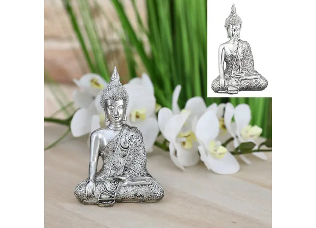 Mittelgroße Buddha Statue Silber, Sitzend, 12cmH - Dekorative Zen-Figur TK Gruppe® Grosshandel 