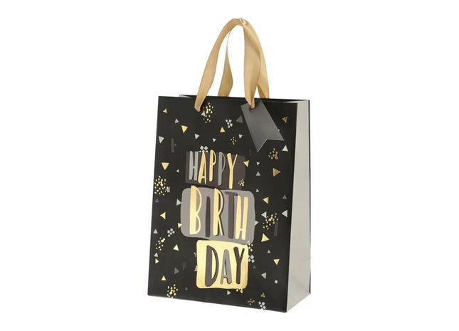 Mittlere Geschenktüte Happy Birthday, Schwarz, Elegantes Design, 23 cm TK Gruppe® Grosshandel 