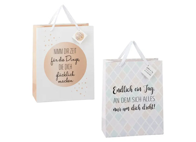 Mittlere Geschenktüten mit Deutschen Sprüchen - 2er Set, 32cm TK Gruppe® Grosshandel 