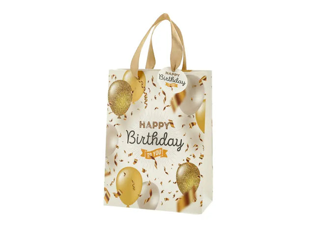 Mittlere Goldene Geschenktüte mit Ballons, Geburtstag, 23 cm Höhe TK Gruppe® Grosshandel 