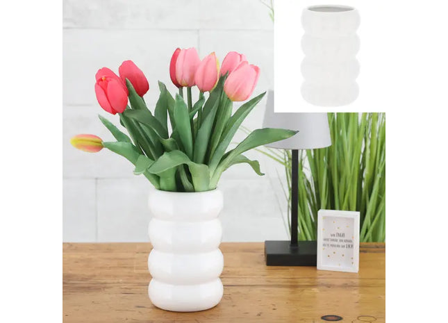 Mittlere Weiße Keramikvase mit Ringmuster, 15cm Hoch, Elegantes Deko-Objekt TK Gruppe® Grosshandel 