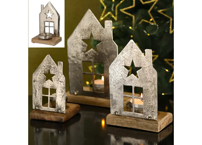 Mittlerer Kerzenhalter Hausform in Silber - Elegante Wohnraumdeko, ca. 22cm Höhe TK Gruppe® Grosshandel 