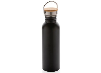 Moderne Edelstahlflasche mit Bambusdeckel in Schwarz - Elegant & Öko TK Gruppe® Grosshandel 