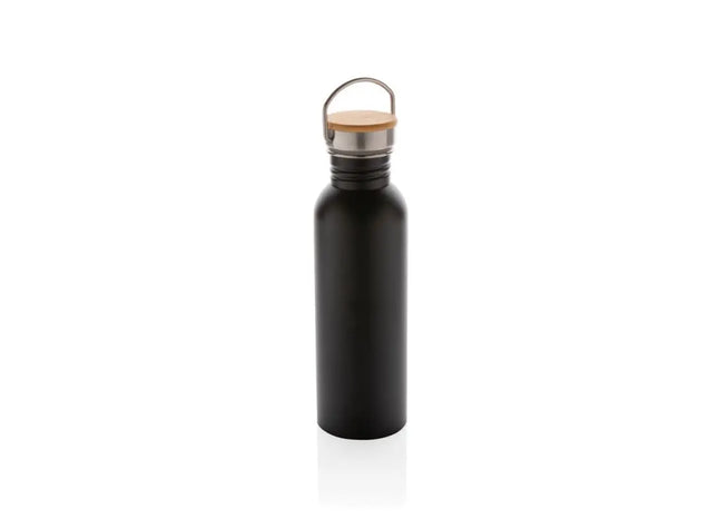 Moderne Edelstahlflasche mit Bambusdeckel in Schwarz - Elegant & Öko TK Gruppe® Grosshandel 