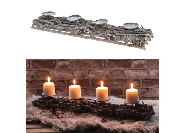 „Moderner Adventsleuchter aus Ästen, eckiges Design in Grau, 65x10 cm“ TK Gruppe® Grosshandel 