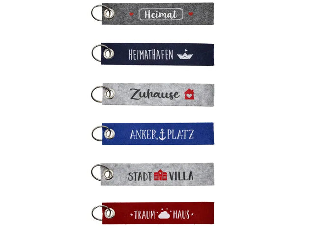 Modische Filz-Schlüsselbänder mit Drucksprüchen – 6er Set, 1 Design, ca. 18cm – Trendige Accessoires TK Gruppe® Grosshandel 