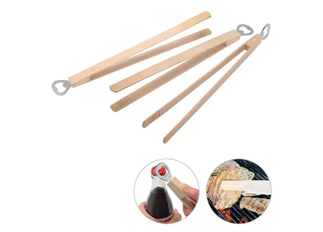 Multifunktionale Grillzange aus Holz mit integriertem Flaschenöffner, Beige TK Gruppe® Grosshandel 
