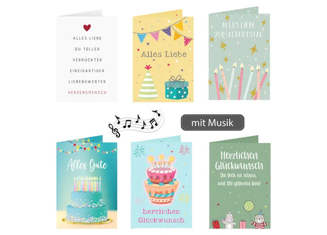 Musikalische Geburtstagskarten, 6er-Set - Melodische Glückwunschkarten TK Gruppe® Grosshandel 