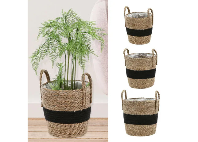 Cattail Pflanzkorb-Set, 3-teilig, Schwarz/Natur – Modernes Zuhause Zubehör TK Gruppe® Grosshandel 