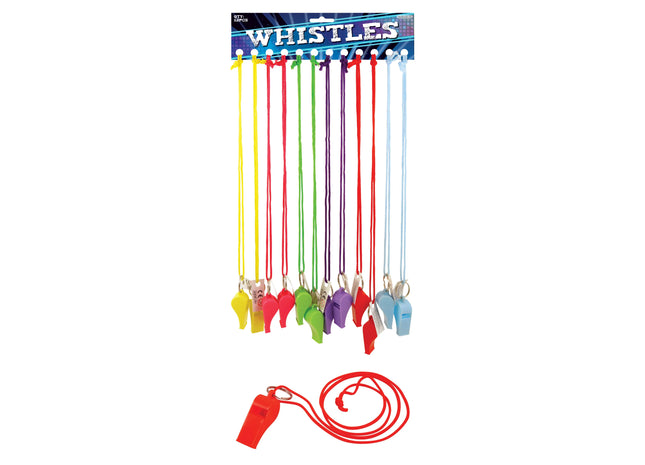 Neon-Kunststoffpfeife 5,5 cm mit 6 Farben und 80 cm langen Kordeln, ideal für Sport und Sicherheit TK Gruppe® Grosshandel 