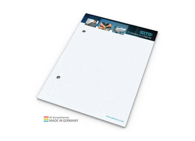 Notizblock A6 mit Doppellochung, personalisierbar mit 4C-Druck TK Gruppe® Grosshandel 
