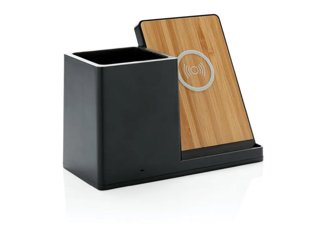 Ontario 10W Wireless Charger aus Bambus und RCS recyceltem Kunststoff - Schwarz Umweltfreundlich TK Gruppe® Grosshandel 