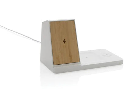 Ontario 15W 3-in-1 Ladegerät aus RCS recyceltem Kunststoff & Bambus - Weiß Multifunktionales Ladepad TK Gruppe® Grosshandel 